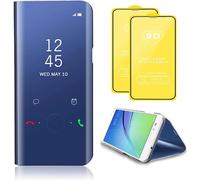 Compatible Avec Coque Samsung Galaxy S20 Fe 5g Flip Clear View Translucide Miroir Cover Standing 360°Housse Étui Antichoc Smart Cover Bumper + Film Verre Trempé 2 Pièce-Bleu