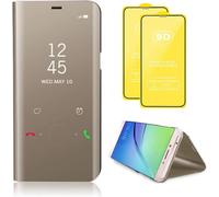 Compatible Avec Coque Samsung Galaxy S23 Fe 5g Flip Clear View Translucide Miroir Cover Standing 360°Housse Étui Antichoc Smart Cover Bumper + Film Verre Trempé 2 Pièce-Or