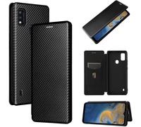 Compatible Avec Coque Zte Blade A51, Mince Flip Fibre De Carbone [Test De Chute] Antichoc Stand Fente Avec Carte, Protecteur D'écran En Verre Trempé*2-Noir