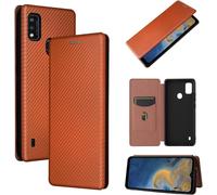 Compatible Avec Coque Zte Blade A51, Mince Flip Fibre De Carbone [Test De Chute] Antichoc Stand Fente Avec Carte, Protecteur D'écran En Verre Trempé*2-Marron