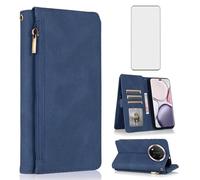 Compatible avec Honor Magic7 Lite/Magic 7 Lite/X9C/X60 Pro - Étui portefeuille en verre trempé - Fermeture éclair - Rétro - Cuir - Porte-cartes - Accessoires cellulaires pour 7Lite HonorX9C - Bleu