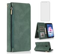 Compatible avec Huawei P Smart 2017/Enioy 7S/Honor 9 Lite/9N/9i Étui portefeuille en verre trempé avec protection d'écran et fermeture éclair en cuir à rabat porte-cartes et cellule pour Hawaii PSmart