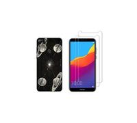 Compatible avec Huawei Y7 2018 Coque Souple Solide Anti Choc avec Impression + 2 Films Protection écran Verre trempé résistant ( Univers )