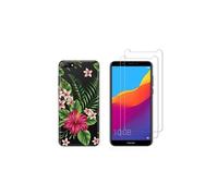 Compatible avec Huawei Y7 2018 Coque Souple Solide Anti Choc avec Impression + 2 Films Protection écran Verre trempé résistant ( Exotique )