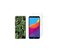Compatible avec Huawei Y7 2018 Coque Souple Solide Anti Choc avec Impression + 2 Films Protection écran Verre trempé résistant ( Feuillage )