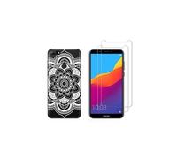 Compatible avec Huawei Y7 2018 Coque Souple Solide Anti Choc avec Impression + 2 Films Protection écran Verre trempé résistant ( Rosace )