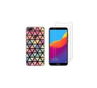 Compatible avec Huawei Y7 2018 Coque Souple Solide Anti Choc avec Impression + 2 Films Protection écran Verre trempé résistant ( Triangles )