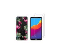 Compatible avec Huawei Y7 2018 Coque Souple Solide Anti Choc avec Impression + 2 Films Protection écran Verre trempé résistant ( Flamant rose )