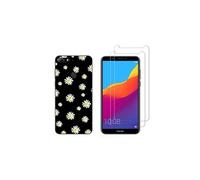 Compatible avec Huawei Y7 2018 Coque Souple Solide Anti Choc avec Impression + 2 Films Protection écran Verre trempé résistant ( Fleurs )