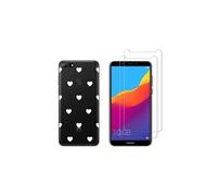 Compatible avec Huawei Y7 2018 Coque Souple Solide Anti Choc avec Impression + 2 Films Protection écran Verre trempé résistant ( Cours blancs )