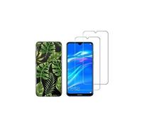 Compatible avec Huawei Y7 2019 Coque Souple Solide Anti Choc avec Impression + 2 Films Protection écran Verre trempé résistant ( Feuillage )
