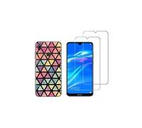Compatible avec Huawei Y7 2019 Coque Souple Solide Anti Choc avec Impression + 2 Films Protection écran Verre trempé résistant ( Triangles )