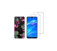 Compatible avec Huawei Y7 2019 Coque Souple Solide Anti Choc avec Impression + 2 Films Protection écran Verre trempé résistant ( Flamant rose )