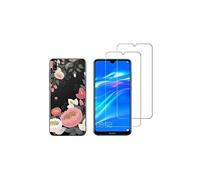 Compatible avec Huawei Y7 2019 Coque Souple Solide Anti Choc avec Impression + 2 Films Protection écran Verre trempé résistant ( Grosse fleur )