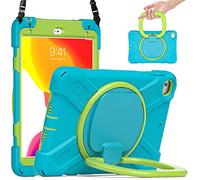 Compatible avec iPad Mini 4/Mini 5 7,9" (2015/2019), coque robuste en TPU résistant aux chocs pour enfants, poignée rotative à 360 degrés, support robuste, béquille + bandoulière. Bleu clair + vert