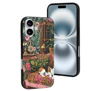 Compatible avec iPhone 16, motif chien sur un canapé floral résistant aux rayures, coque de téléphone mignonne compatible avec iPhone 16 pour homme et femme, noir