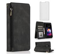 Compatible avec LG K30 2018/Premier Pro LTE/Phoenix Plus/Harmony 2/K10/K11/Xpression Étui portefeuille en verre trempé avec fermeture éclair et porte-cartes pour LGK30 K 30 30K LMX410 Noir