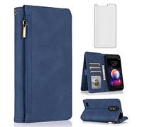 Compatible avec LG K30 2018/Premier Pro LTE/Phoenix Plus/Harmony 2/K10/K11/Xpression Étui portefeuille en verre trempé avec fermeture éclair et porte-cartes pour LGK30 K 30 30K LMX410 Bleu