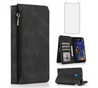 Compatible avec LG K40/K12 Plus/X4 2019/Solo LTE/Xpression Plus 2/Harmony 3 Étui portefeuille en verre trempé avec fermeture éclair et porte-cartes pour LGK40 K 40 40K L423DL LMX420 Noir