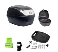 Compatible avec Peugeot Fox 50 Valise Top Case 28 litres Coffre en POLYPROPYLÈNE Complet avec Plaque ET KIT DE Montage Porte-Bagages Moto Scooter CAPACITÉ 2 Casques Noir