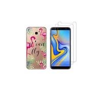 NOVAGO Compatible avec Samsung Galaxy J4 Plus/J4 +/J4 Core -Coque Souple Solide Anti Choc avec Impression + 2 Films Protection écran Verre trempé résistant (Flamant Rose)