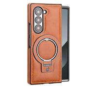 Compatible avec Samsung Galaxy Z Fold 7 - Coque Fine en Cuir PU avec Support Anneau Invisible, Protection Antichoc, Recharge sans Fil, Anti-Traces de Doigts(Light Brown)