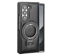 Compatible avec Samsung Galaxy Z Fold 7 - Coque Fine en Cuir PU avec Support Anneau Invisible, Protection Antichoc, Recharge sans Fil, Anti-Traces de Doigts(Black)