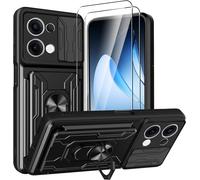 Compatible Oppo Reno 13 - Coque Renforcée Anti-Choc Avec Protection Caméra Coulissante, Béquille Anneau Rotatif 360°, Plaque Magnétique, Porte-Cartes + 2 Verres Trempés - Noir