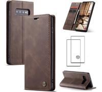 Compatible Samsung Galaxy S10 5g - Étui Portefeuille Cuir Synthétique Marron, Rabat Magnétique, Coque Tpu, 2 Emplacements Cartes + Poche Monnaie, Fonction Support, Verre Trempé Hd (Pack 2 Pièces)