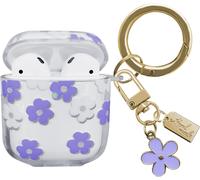 Compatible with AirPods Case, Soft TPU Case with Floral Pattern for AirPods 2 and 1 Generation, with Floral Keychain and Carabiner for Girls Women (Purple)