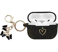 Compatible with AirPods Pro 2 Case 2022, Golden Heart Pattern Soft Silicone Case for AirPods Pro 2nd/1st Generation, with Cute Butterfly Keychain (Black Glitter)