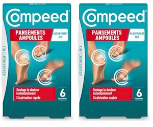 Compeed Set de 6 Pansements Hydrocolloïdes Ampoules Assortiment 3 Formats Différents, Moyen 6,8 x 4,2 cm, Petit 6 x 2 cm, Orteils 5,1 x 1,7 cm, 1 Unité (Lot de 2)