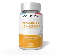 COMPLEM Vitamine D3 K2 MK7 2000 UI, D3 d’origine végétale & K2 naturelle, 90 comprimés goût fraise à croquer, Complément alimentaire Immunité, Os & Assimilation du Calcium, Vegan, Fabriqué en France