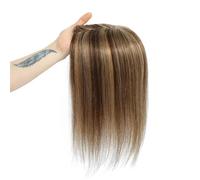Complément capillaire en cheveux humains for femmes, base respirante avec 3 clips antidérapants, postiche de 12 x 13 cm avec frange Effet naturel et Volumineux(Brown Golden,14inch 35 cm)