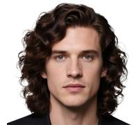 Complément Capillaire Homme Pour Calvitie Mens 13X6 Lace Front Human Hair Wigs, Loose Curly Short Cut wigs for Male Daily Wear #4 Brown Perruquest Hommes(180Density,14inch)