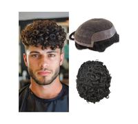Complément Capillaire Homme Pour Calvitie Postiche en cheveux humains bouclés de 25 mm avec dentelle française for homme, prothèse capillaire masculine avec périmètre en PU Perruquest Hommes(7x9)