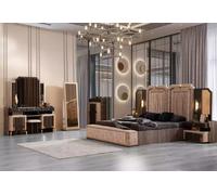 Complète grande chambre à coucher de luxe lit double tissu beige 7pcs