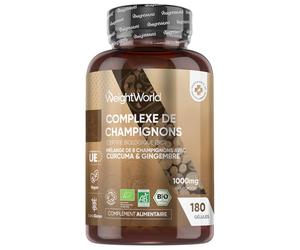 Complexe 8 Champignons Bio 180 Gélules Vegan Certifié AB - Reishi, Lions Mane, Cordyceps, Chaga, Shiitake, Maitake, Huître, Coprin, Champignons Gélules Enrichi en Curcuma et Gingembre pour 3 Mois