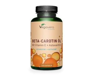Complexe Bêta Carotène | Avec Vitamine E & Astaxanthine | 120 gélules (4 mois) | Qualité Supérieure : Lucarotin® B 30 SUN | Sans Additifs & Vegan | Protection Peau & Bronzage | Vegavero®