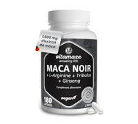 Complexe de Maca Noir Hautement Dosé, 30000mg par Dose Journalière, 500mg d'Extrait de Maca 20:1 avec L-Arginine, Tribulus, Ginseng, Zinc, Vitamines B, 180 Gélules Véganes, Fabriqué en Allemagne