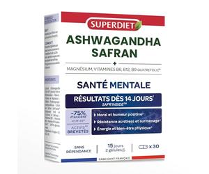 Complexe santé mentale - Stress-Ashwagandha KSM-66, Safran, B6, B9-gélules | Cure de 60 gélules -Actifs brevetés -Régulateur de Cortisol - Relaxation- Humeur - Sommeil - Fabrication française -Superdiet