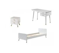 Chambre 3 pièces lit chevet et bureau bois blanc satiné Funy 90x200 cm Beige