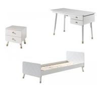 Chambre 3 pièces lit chevet et bureau bois blanc satiné Funy 90x200 cm Beige