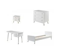 Vipack Billy Lit Blanc Satin + Chevet Blanc Satin + Bureau Blanc + Commode Blanche 3 Tiroirs