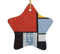 Composition en rouge, jaune, bleu et noir - Décorations de Noël en céramique imprimées en forme d'étoile - Décoration de vacances en céramique faite à la main avec ficelle dorée pour sapin de Noël.