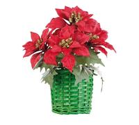 Composition florale de Noël avec poinsettias et panier tissé