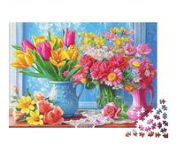 Composition Florale printanière : Tulipes colorées dans Un Vase Bleu. Puzzle de 1000 pièces pour Adultes. Le défi Impossible ! Activité à la Maison. 70 x 50 cm / 1000 pièces.