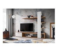Composition murale ""Eco"" pour TV en bois - Blanc/beige - H 152 x P 35 x L 190 cm