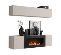 Composition murale FLY cachemire avec colonne suspendue horizontale et meuble TV cheminée bio-éthanol
