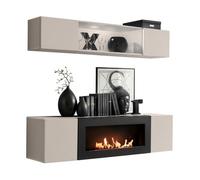 Composition murale FLY cachemire avec vitrine partiellement vitrée et meuble TV cheminée bio-éthanol
